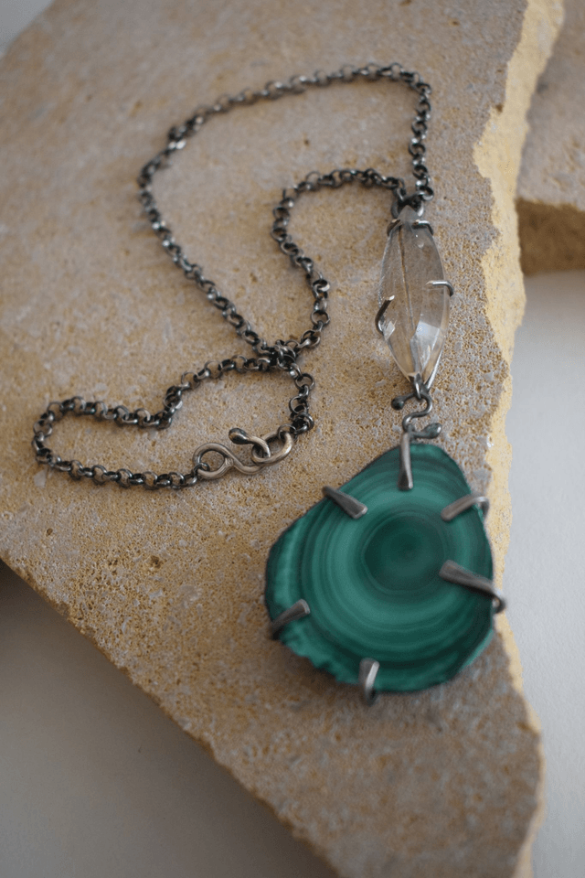 Collier Malachite & Quartz à Tourmaline